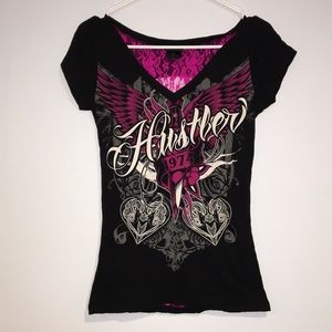 Hustler Hollywood Tops - Hustler Black graphic lace cut out back T-shirt Hustler Hollywood Tops - Hustler Black graphic lace cut out back T-shirt